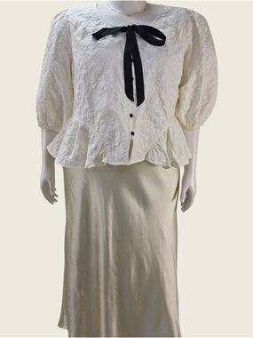 Oddi 3X Ivory Floral Jacquard Peplum Blouse Bow Puff Sleeve Cottagecore NWT